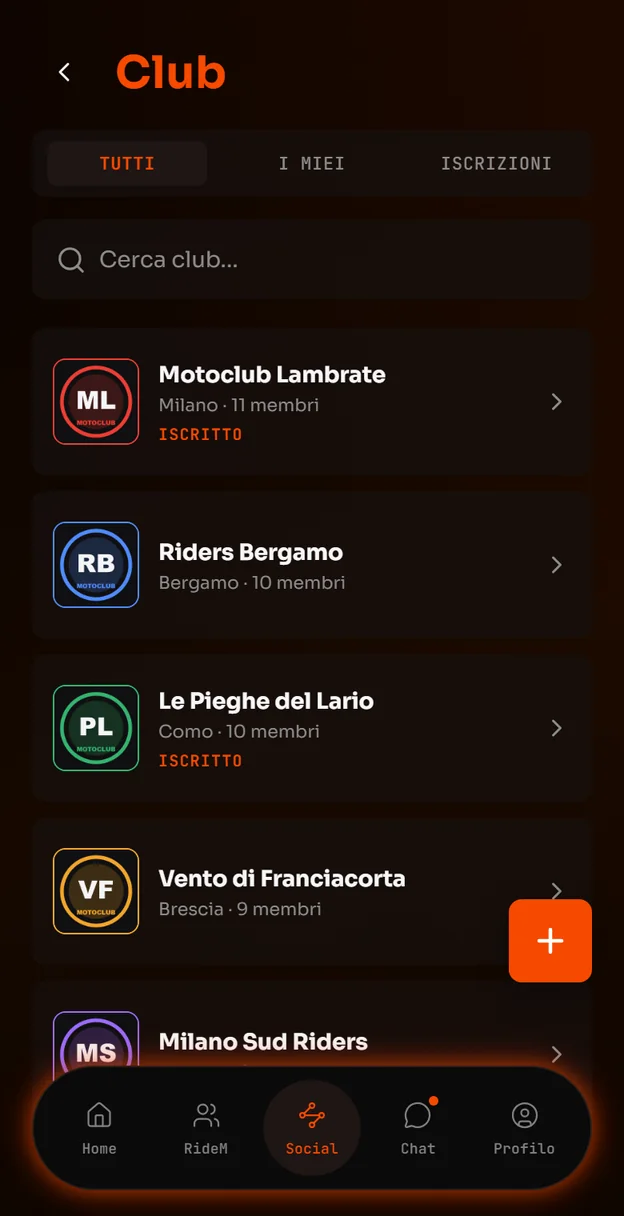 Schermata reale Club con ricerca, città e membri dei moto club dimostrativi. Navigazione: Home, RideM, Social, Chat, Profilo; Social è selezionato.