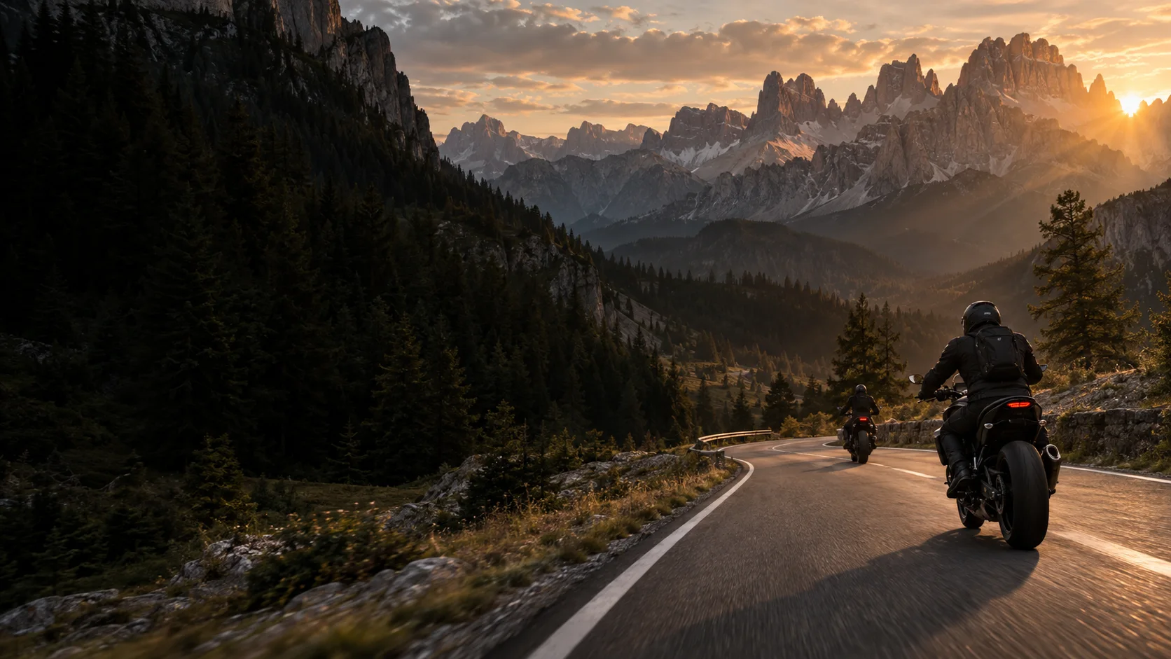 Due motociclisti percorrono una strada panoramica tra le Dolomiti al tramonto